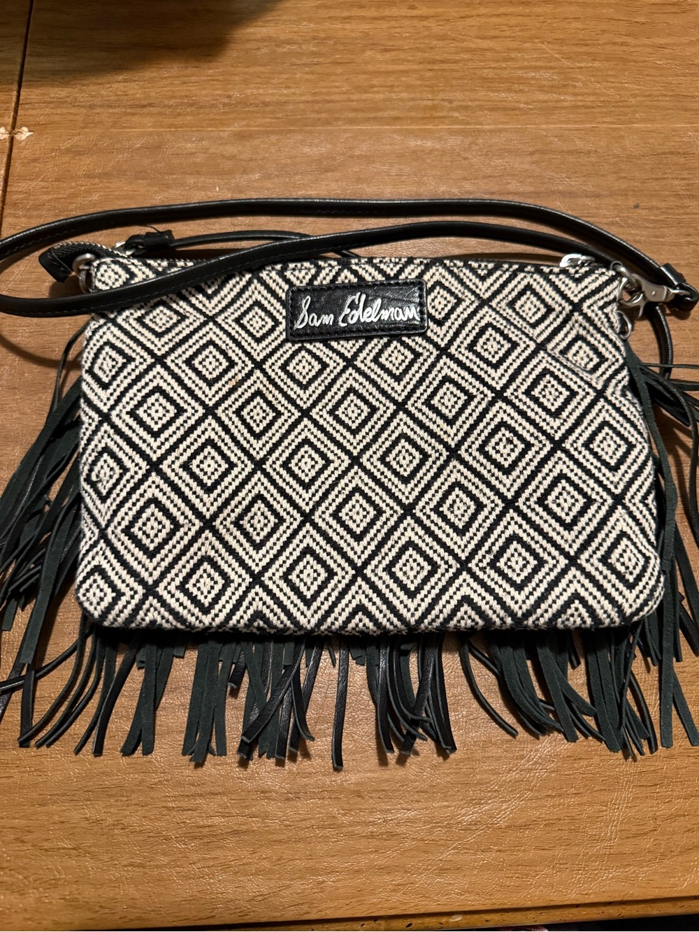 Sam Edelman Black & Cream Geometric Fringe Crossbody
